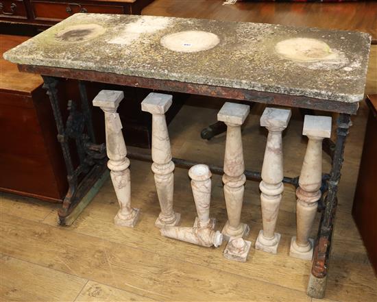 A cast iron marble-top garden table W.113cm